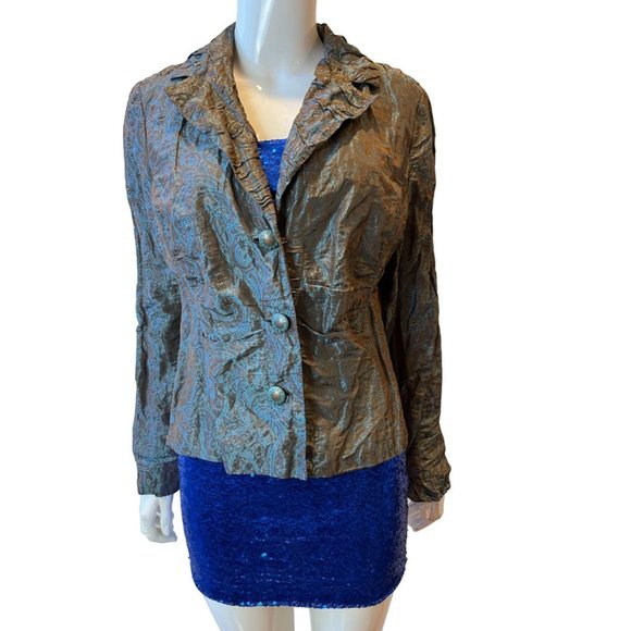Carmen Marc Valvo Womens Metallic Color Blazer Jacket Paisley Print Blue Size 12 - Picture 1 of 8